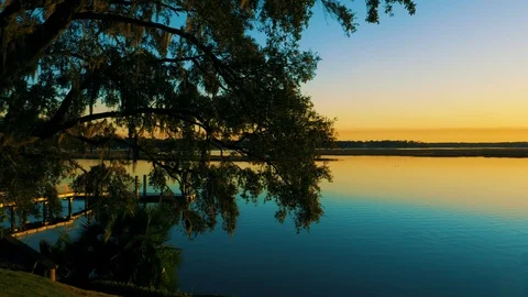 Southern Oak Tree River Sunset Stock Footage 93008765