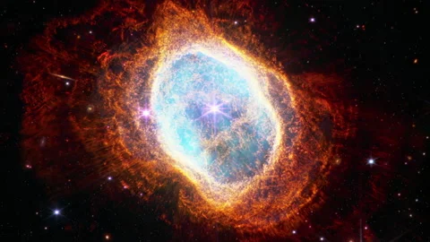 Southern Ring Nebula. Space collage from newest cosmic telescope. James webb Stock Footage 213364891