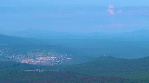 Southern Urals Landscape with Distant Town View at Dusk Stock Footage 325353058
