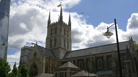 Southwark Cathedral with clock tower seen in London Stock Footage 60858224