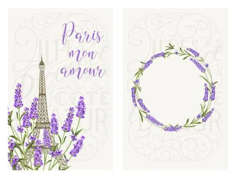 Souvenir card with eiffel tower. Eiffel tower with blooming spring flowers over Stock Illustration