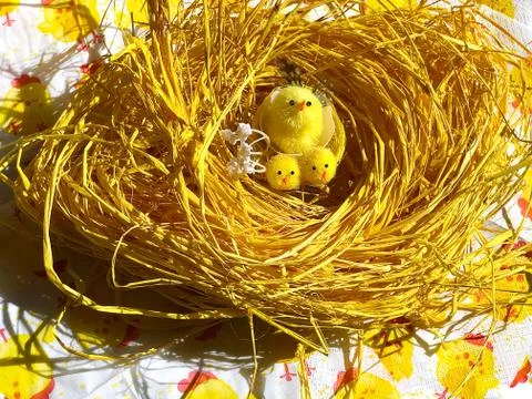 Souvenir Easter chickens in the nest. Stock Photos