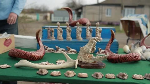 Souvenir Sets From a Variety of Bones, Teeth, Horns and Carvings on Table Stock Footage 62509122