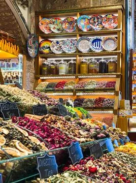 Souvenirs and food at the Grand Bazaar in Istanbul Stock Photos