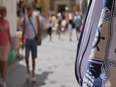 Souvenirs on busy street, Sorrento, Costiera Amalfitana (Amalfi Coast), UNESCO Stock Footage