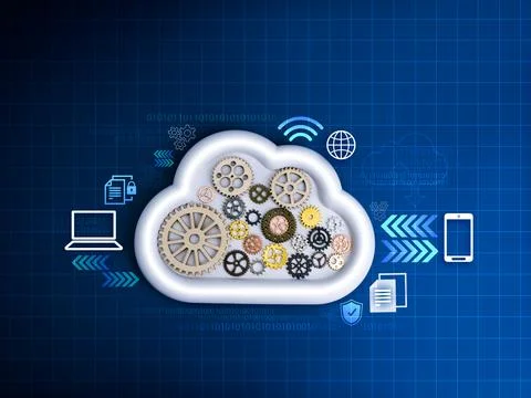 Sovereign cloud, storage connection technology concept. Many gears and cogw.. Stock Illustration