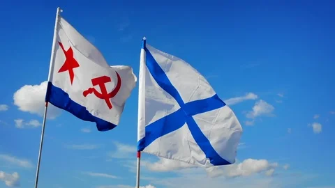 Soviet and Modern Russian Naval Flags Flying Side by Side Stock Footage 97197993