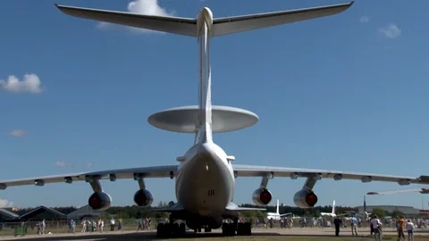 Soviet and Russian AWACS A-50 LISKA aircraft (NATO: Mainstay) in parking lot. Stock Footage 116232902