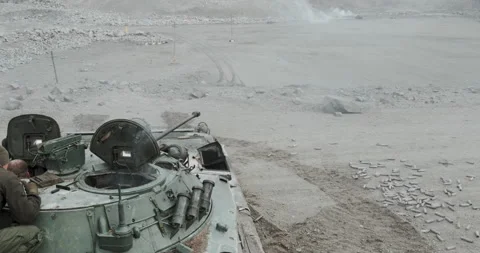 Soviet and Russian tracked infantry fighting vehicle fires at a target Stock Footage 191622859