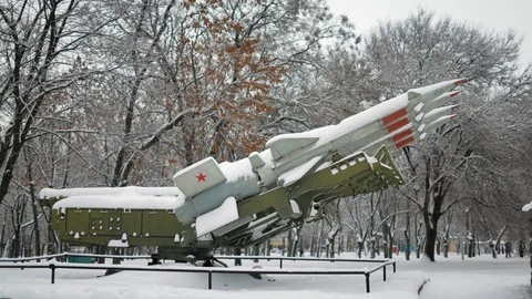 Soviet anti-aircraft missile complex with 125 covered with snow Stock Footage 101706316
