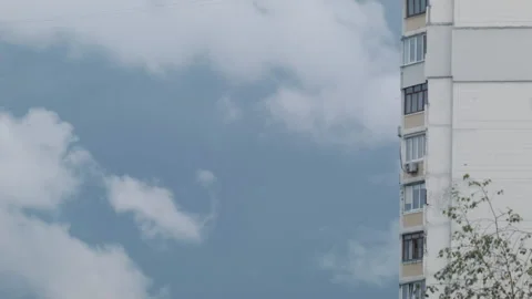 Soviet Apartment Building With Moving Clouds And Birds. Stock Footage 131438725