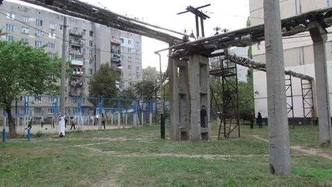 Soviet architecture with laundry drying between high-rise buildings Stock Photos