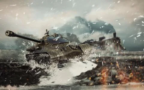 Soviet battle tank on the background of the burning locomotive attacked Stock Illustration