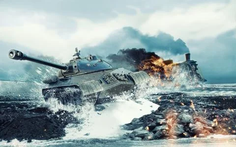 Soviet battle tank on the background of the burning locomotive attacked Stock Illustration