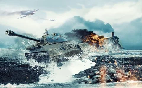 Soviet battle tank on the background of the burning locomotive attacked Stock Illustration