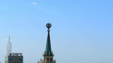 A soviet building with skyscrapers in the background Stock Footage 99260329