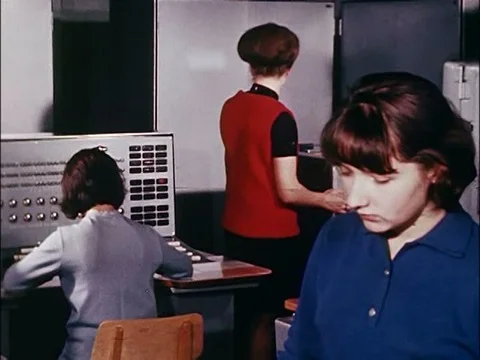 Soviet businesspeople work in a data center in the 1960's. Stock Footage 75117445
