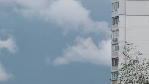 Soviet Concrete Apartment With Cloudy Sky And Moving Tree. Timelapse. Stock Footage 131438451