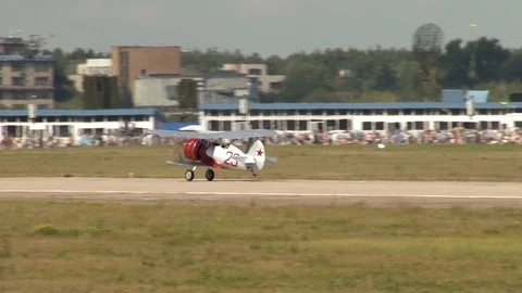 Soviet double training fighter I-15 DIT landed on concrete runway. Stock Footage 117958728