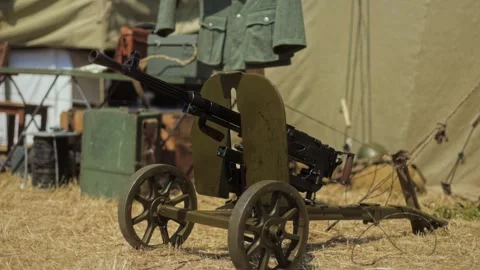 Soviet DP-27 Light Machine Gun at Great Patriotic War Reenactment Event, close Stock Footage 306366992