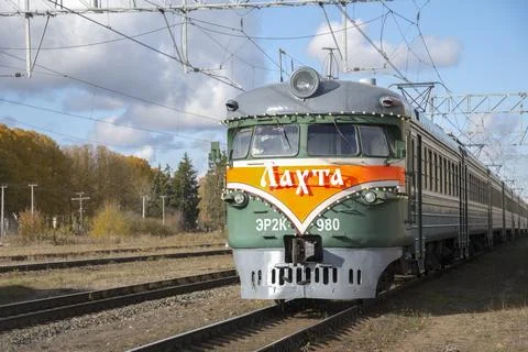 Soviet electric train "Lahta" at Gatchina-Baltiyskaya station, Leningrad Region Stock Photos