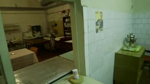 Soviet-Era Kitchen and Dining Room in a Secret Underground Nuclear War Bunker 스톡 동영상 293745507