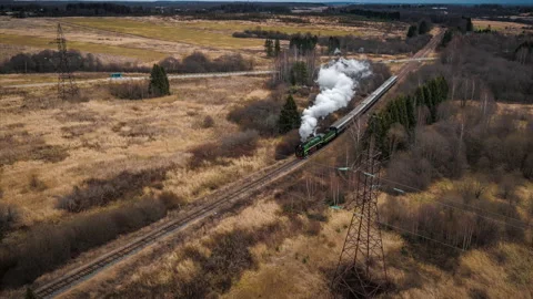Soviet-era old steam train passes through an autumn countryside Stock Footage 142780942