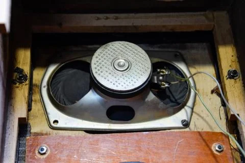 Soviet ferrite speaker 2GD-40, in a wooden casing of an acoustic column. Old  Stock Photos