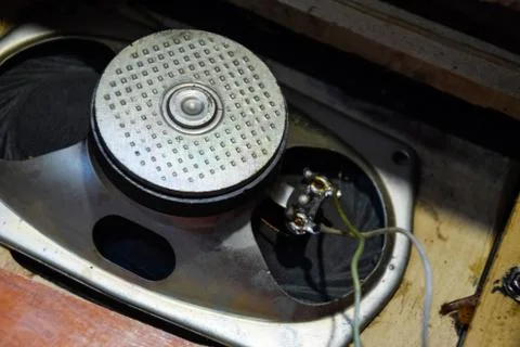 Soviet ferrite speaker 2GD-40, in a wooden casing of an acoustic column. Old  Stock Photos