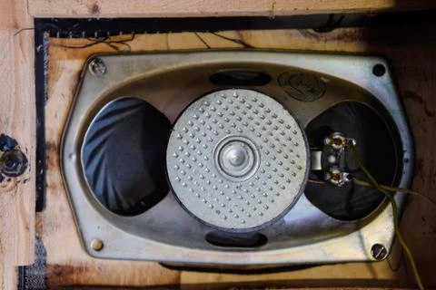 Soviet ferrite speaker 2GD-40, in a wooden casing of an acoustic column. Old  Stock Photos