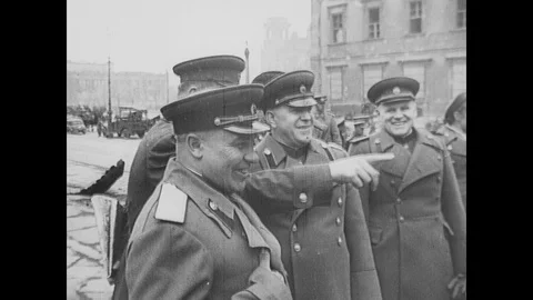 Soviet generals inspect decimated Berlin buildings Stock Footage 103382880