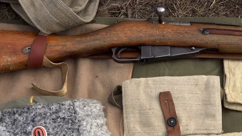 The Soviet gun with a lance, binoculars and other equipment of Russian soldiers Stock Footage 71217262