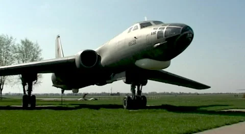 Soviet heavy multi-purpose jet aircraft  Tu-16 (NATO-Badger) at static parking. Stock Footage 175828805