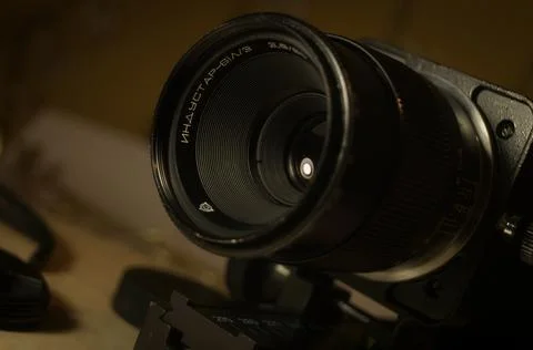 Soviet lens with manual focus on the console for macro photography. close-up Stock Photos