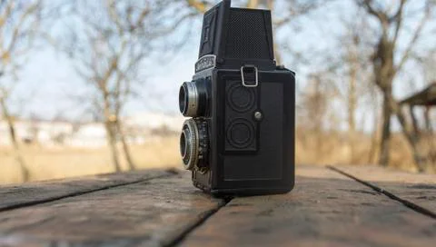 Soviet medium format dual-lens reflex camera-amateur-2, on the table Stock Photos