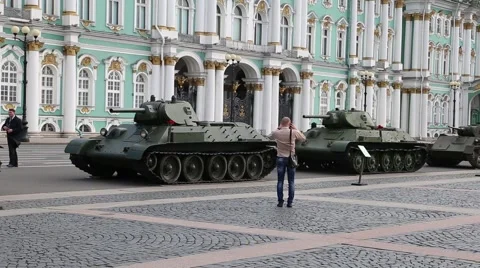 Soviet medium Tank T-34 of times of World War II on military-patriotic action Stock Footage 65214830