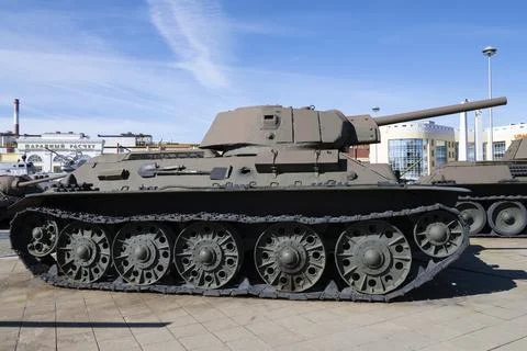 Soviet medium tank T-34 with additional armor is close-up Stock-Fotos