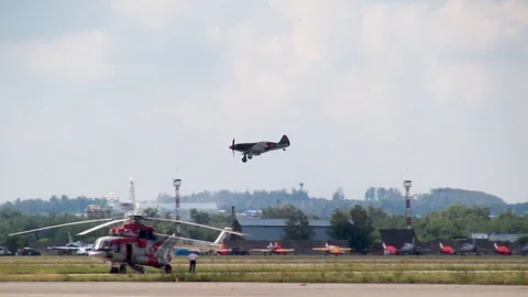 Soviet MiG-3 fighter lands on runway after flight. Retro aviation World War II. Stock Footage 118897085