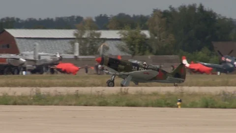 Soviet MiG-3 fighter moves along runway after landing. Retro aviation. Stock Footage 117541221