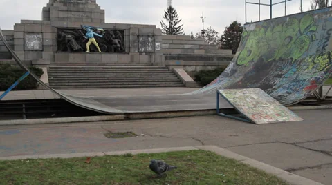 Soviet monument in Sofia painted in colours of Ukraine Stock Footage 35527610