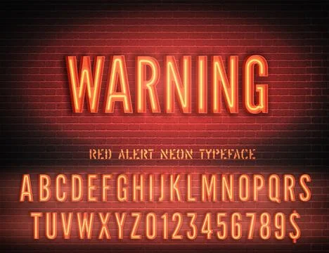 Soviet night light glow font with numbers. Warning sign with red narrow neon Stock Illustration
