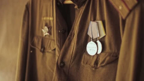 Soviet officer uniform display close up, Red Army lieutenant shoulder straps, Stock Footage 326747742