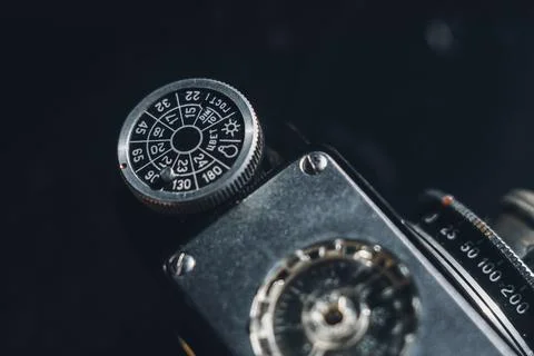 Soviet old film camera with manual lens. Retro photo equipment. Selective focus Foto stock