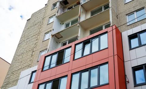 Soviet panel apartment building undergoing modern renovation. 写真素材