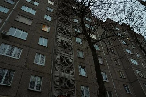 Soviet panel, multi-storey house. Minsk, Belarus. Evening depressive mood Stock Photos