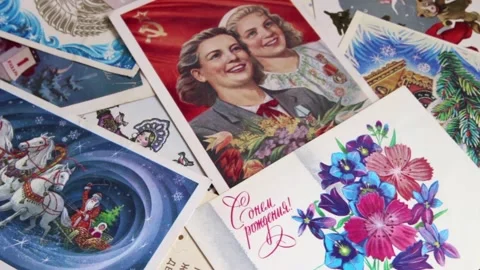 Soviet postal greeting cards Stockbeeldmateriaal 244074019