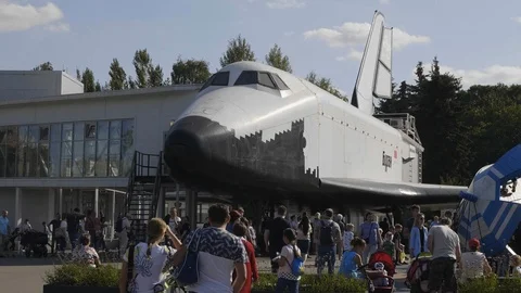 Soviet reusable space shuttle "Buran" at an exhibition. Stock-Footage 125921807
