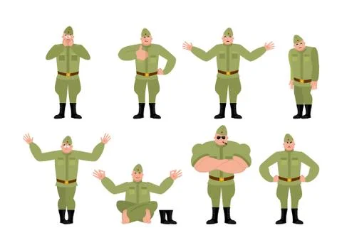 Soviet soldier set poses and motion. Retro Russian warrior happy and yoga. sl Stock Illustration