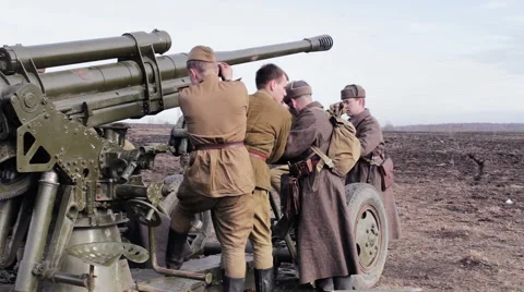 Soviet Soldiers Dismantling Old Functioning Howitzer Video stock 64253176