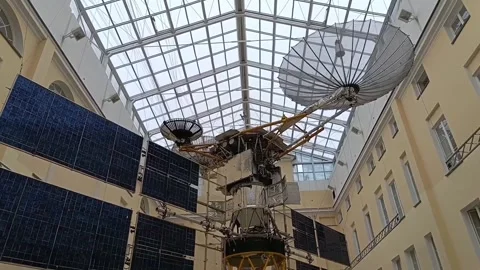 Soviet Space Satellite with Solar Panels: Popov Museum Exhibit Stock Footage 344812119